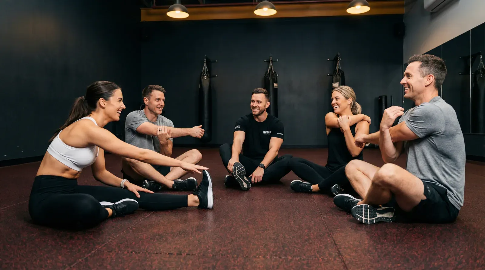 Group fitness class stretching in a gym
