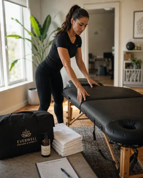 Massage therapist setting up a treatment table